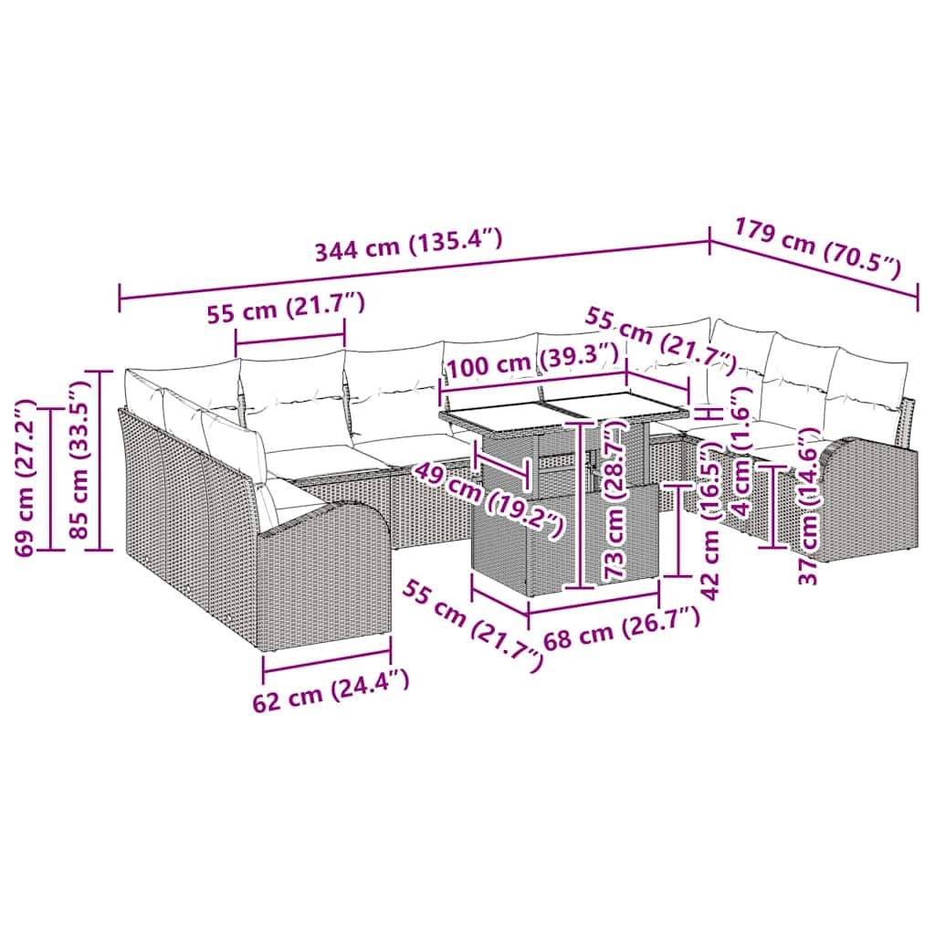 Havesofa Sæt med pude 11 pcs Lysegrå polyrattan