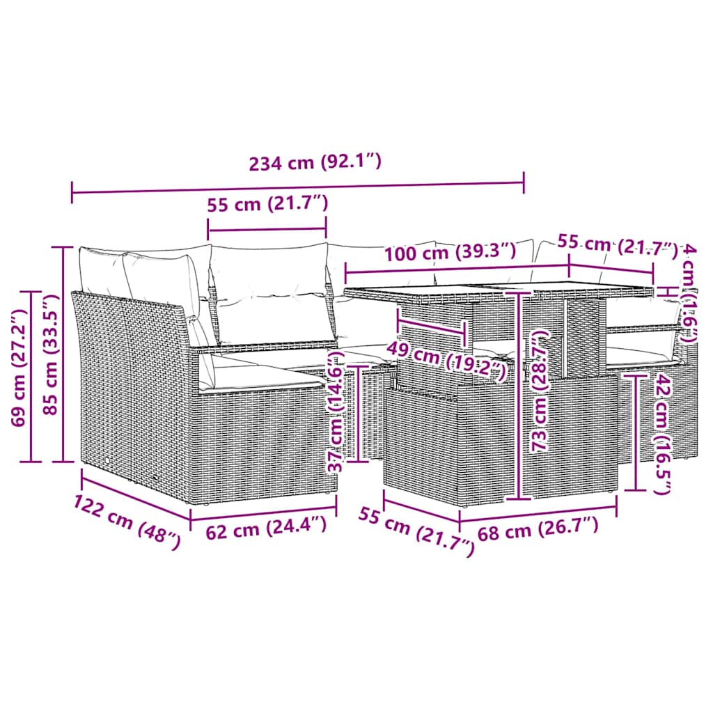 Havesofa Sæt med opbevaring med pude 7 pcs Grå polyrattan