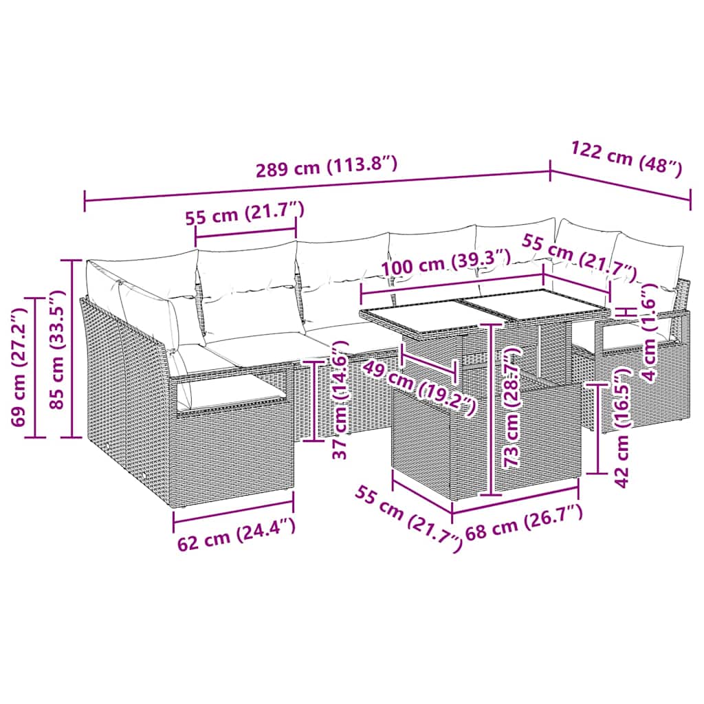 Havesofa Sæt med pude 8 pcs Sort polyrattan