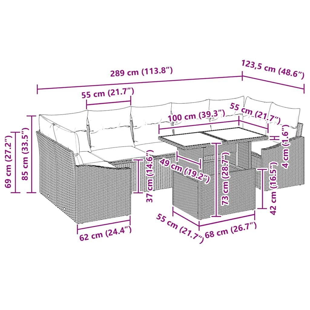 Havesofa Sæt med pude 8 pcs Brun og cremefarvet polyrattan