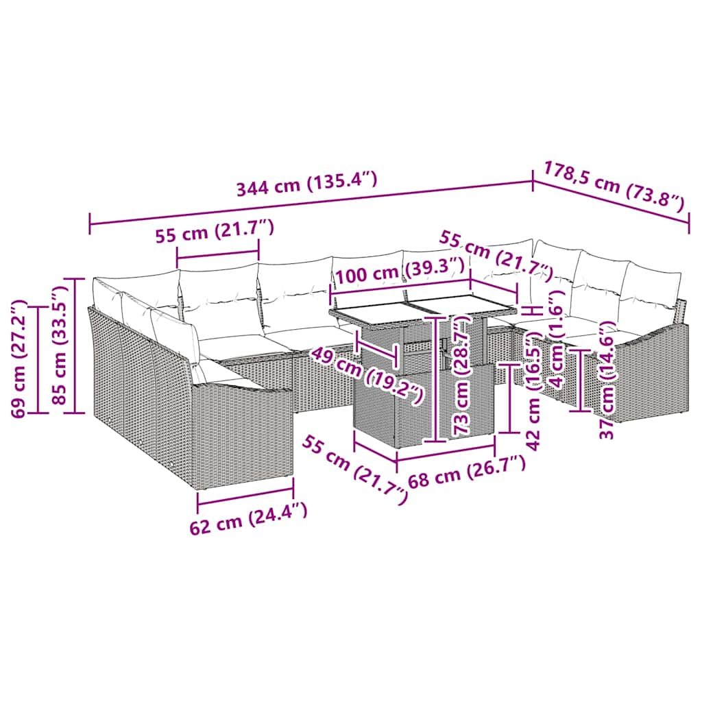 Sofa Sæt med pude 11 pcs Sort og Cream polyrattan