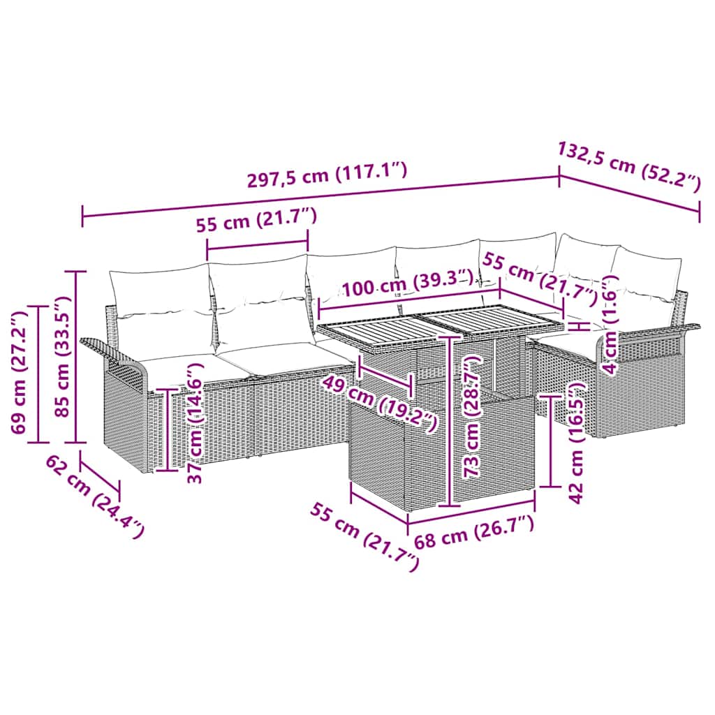 Havesofa Sæt med pude 7 pcs Beige og lys grå polyrattan
