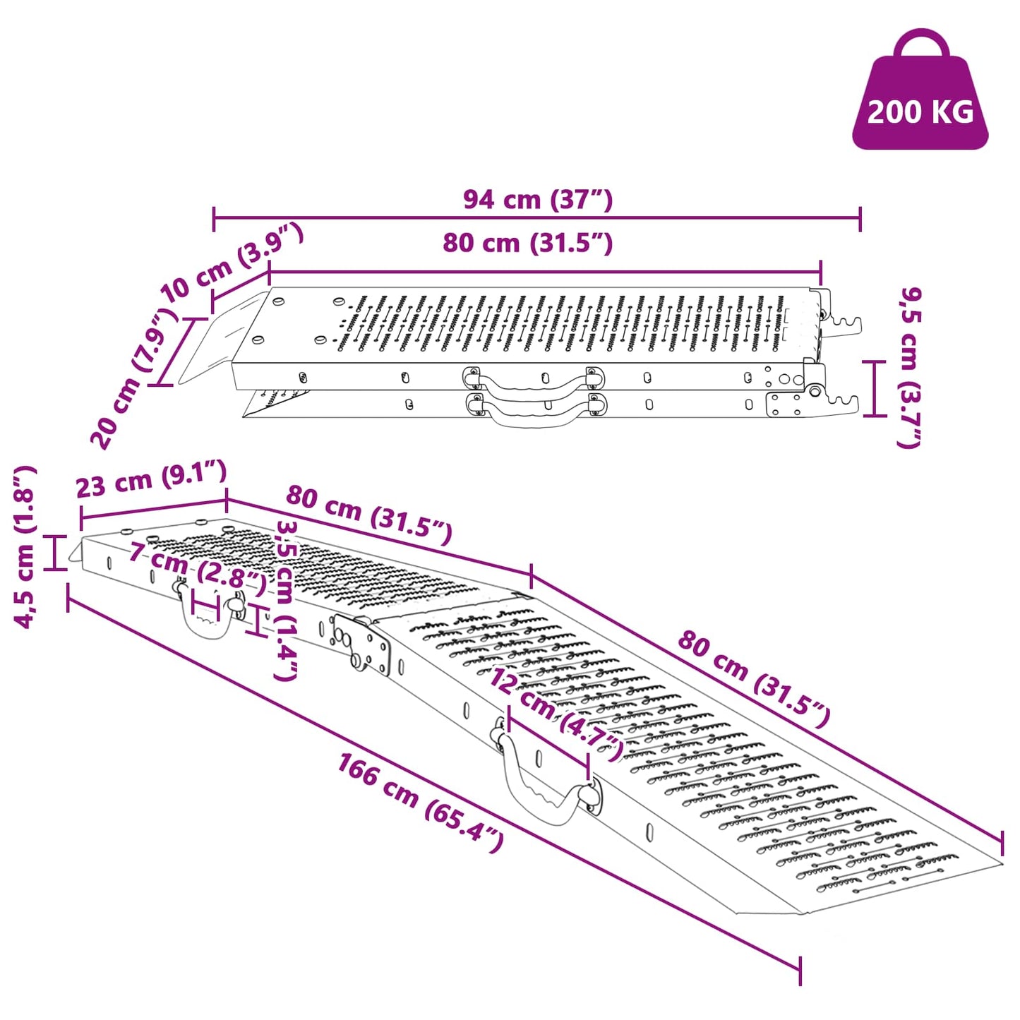 Foldbar rampe 200kg pr. rampe 2 pcs Sølv 166 x 23 x 4,5 cm