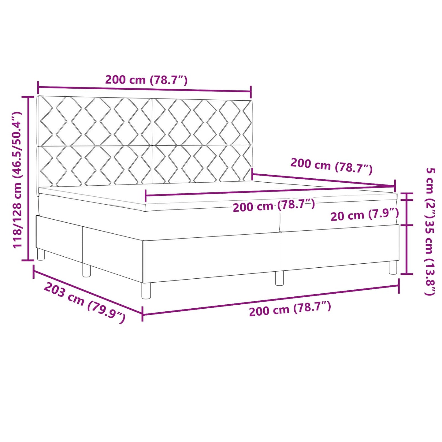 Box spring seng med LED-lysstrimler Gråbrun 200 x 200 cm Stof