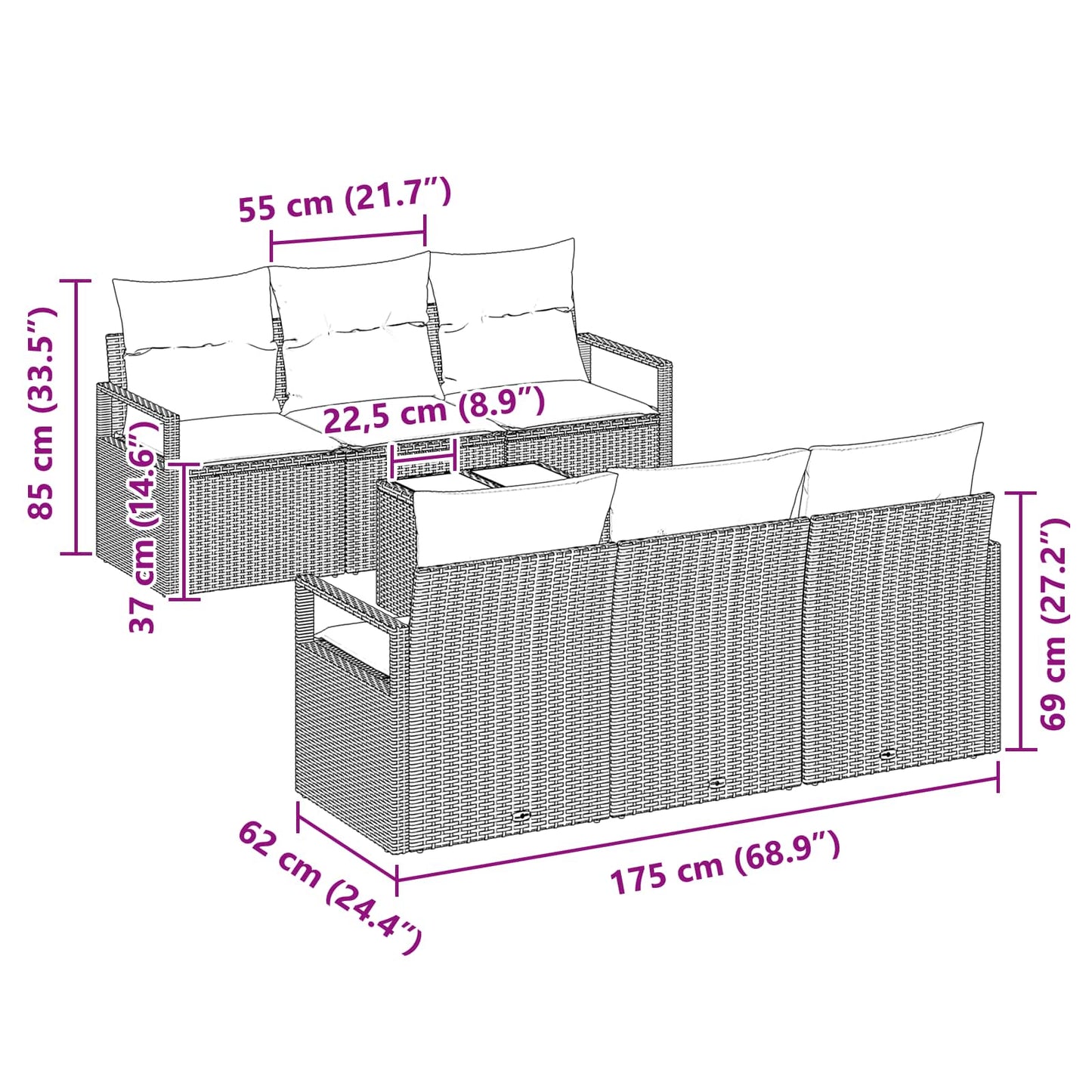 Havesofa Sæt 7 stk. 6-Antal sæder Beige og Rød polyrattan