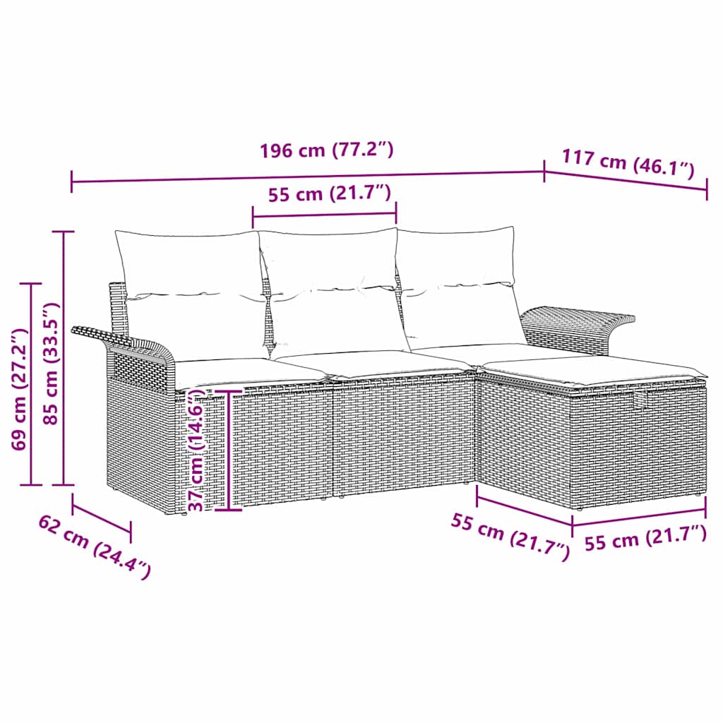 Havesofa Sæt med pude med opbevaring 4 pcs Grå polyrattan