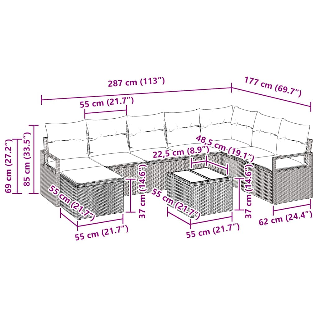 Sofa Sæt med pude med opbevaring 9 pcs Sort polyrattan