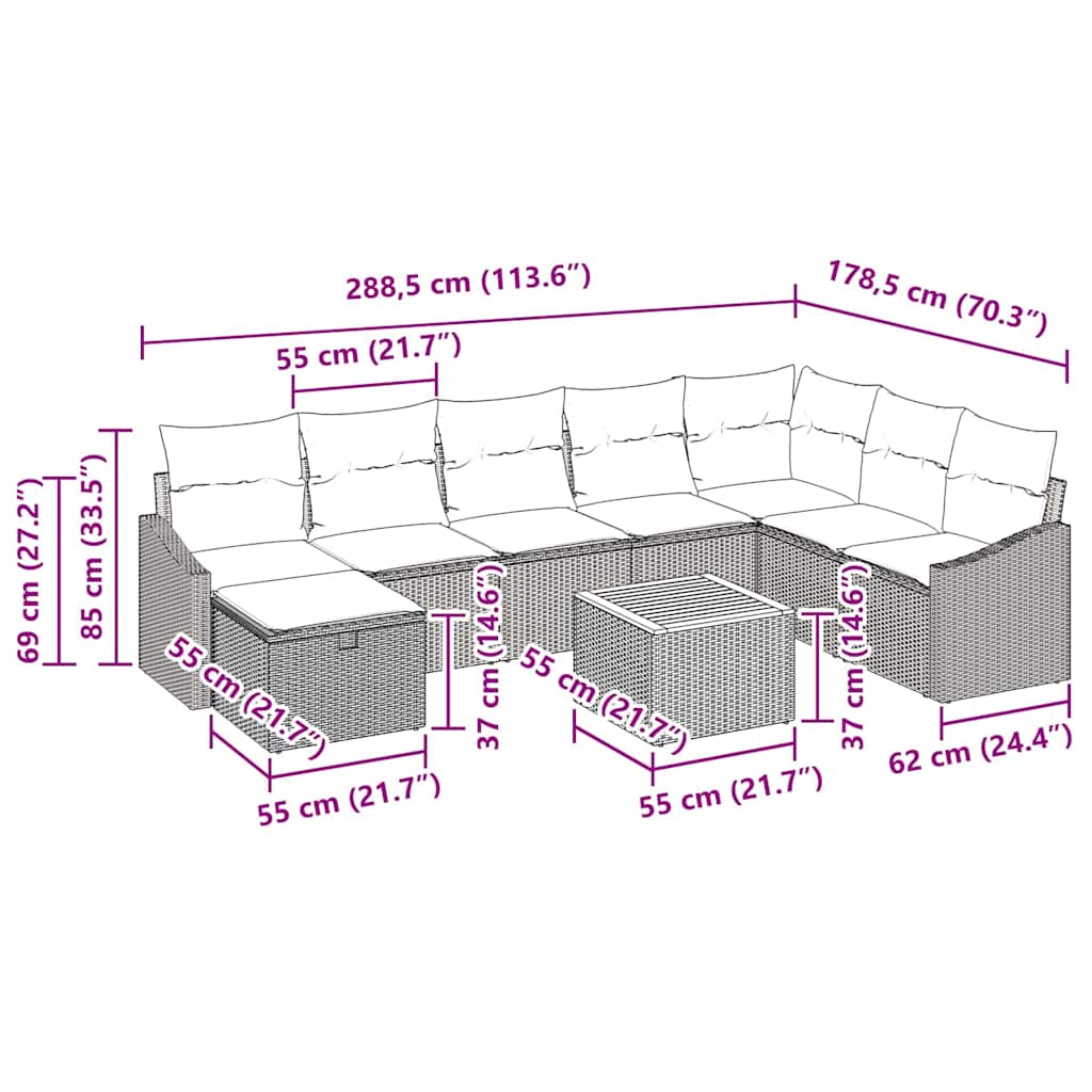Havesofa Sæt 9 stk. Sort polyrattan