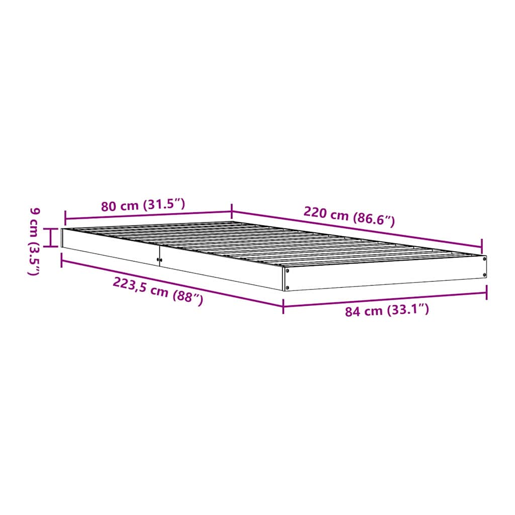 Gulv seng ramme Naturfarvet 80 x 220 cm Massiv fyrretræ