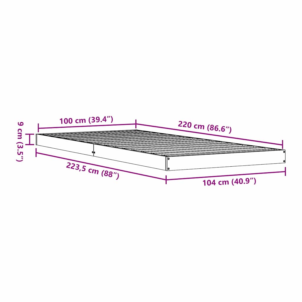 Gulv seng ramme Naturfarvet 100 x 220 cm Massiv fyrretræ