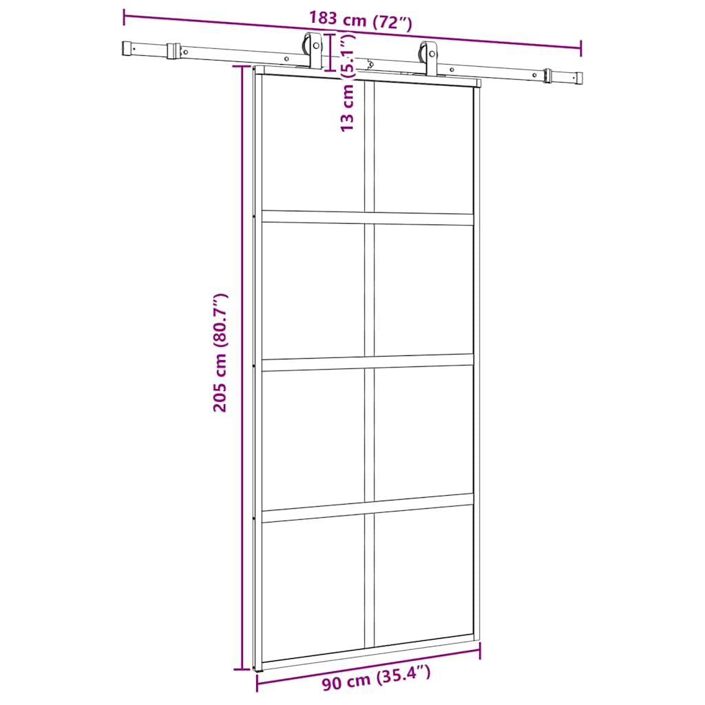 skydedør med hardwaresæt 90x205 cm hærdet glas sort