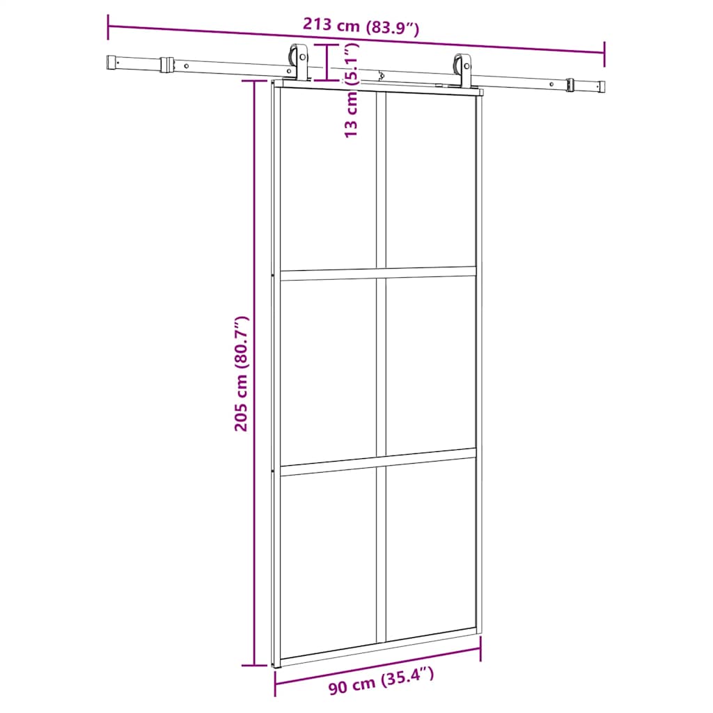 skydedør med hardwaresæt 90x205 cm hærdet glas sort