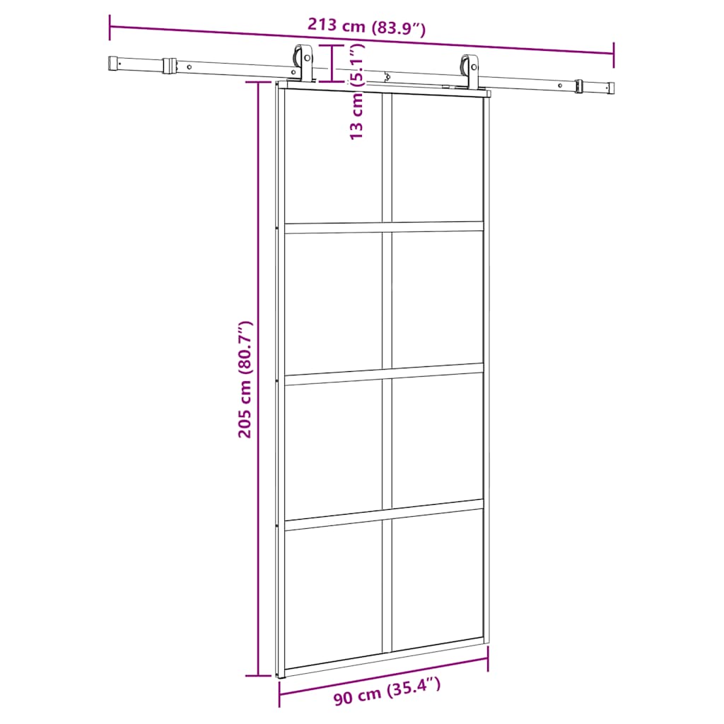 skydedør med hardwaresæt 90x205 cm hærdet glas sort