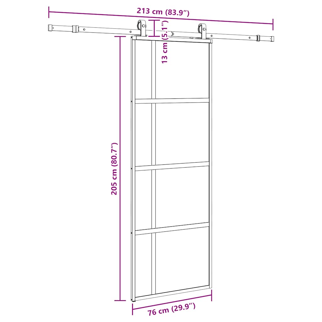 skydedør med hardwaresæt 76x205 cm hærdet glas sort