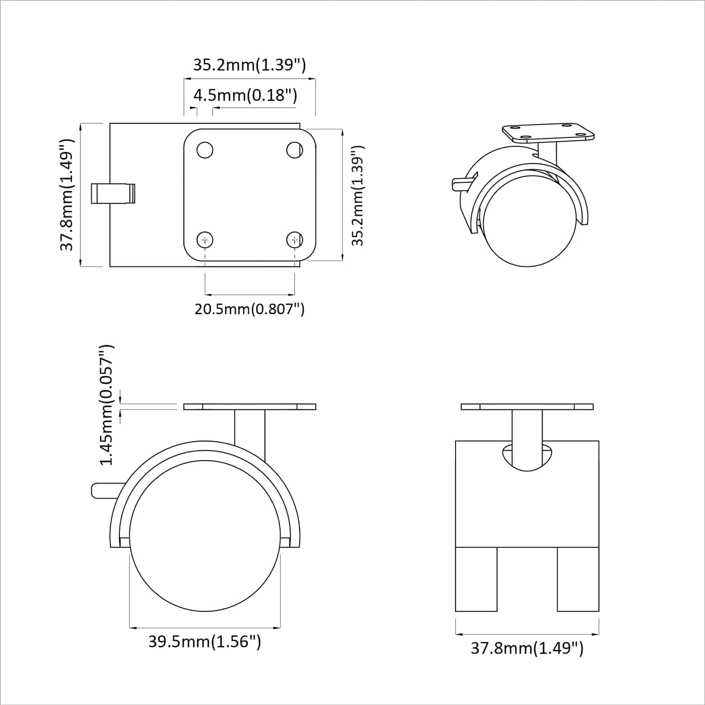 Hjul 12 pcs Sort 39,5 x 39,5 x 37,8 mm Jern og Polypropylen