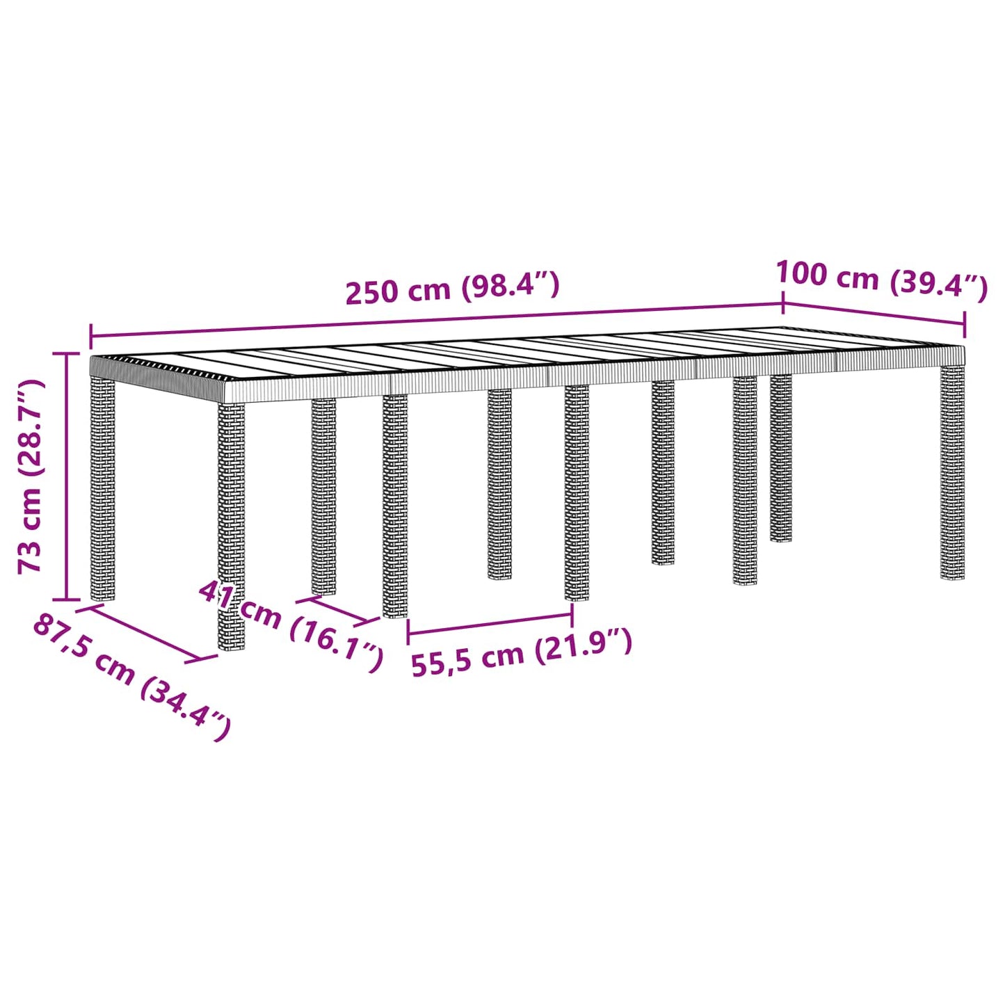 Havemøbel Bord Brun 250 x 100 x 73 cm polyrattan