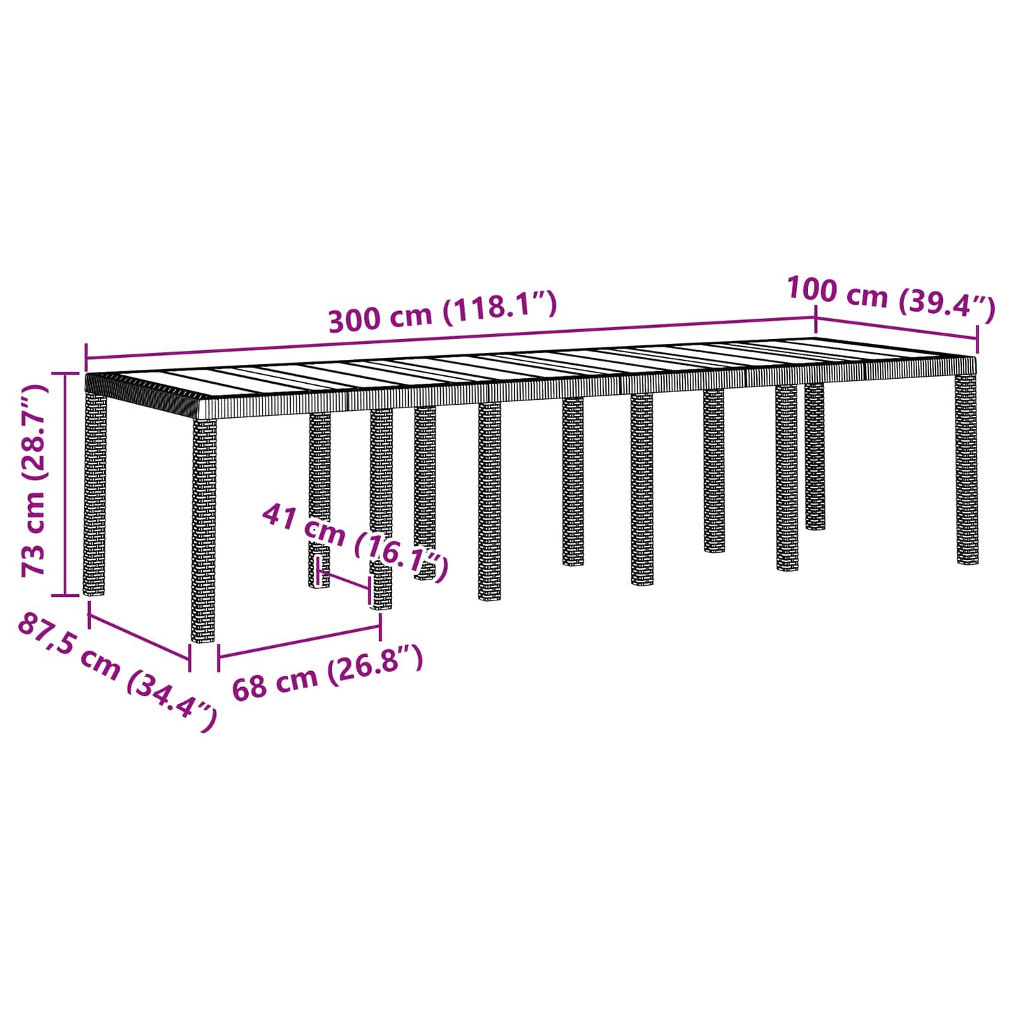 Havemøbel Bord Brun 300 x 100 x 73 cm polyrattan