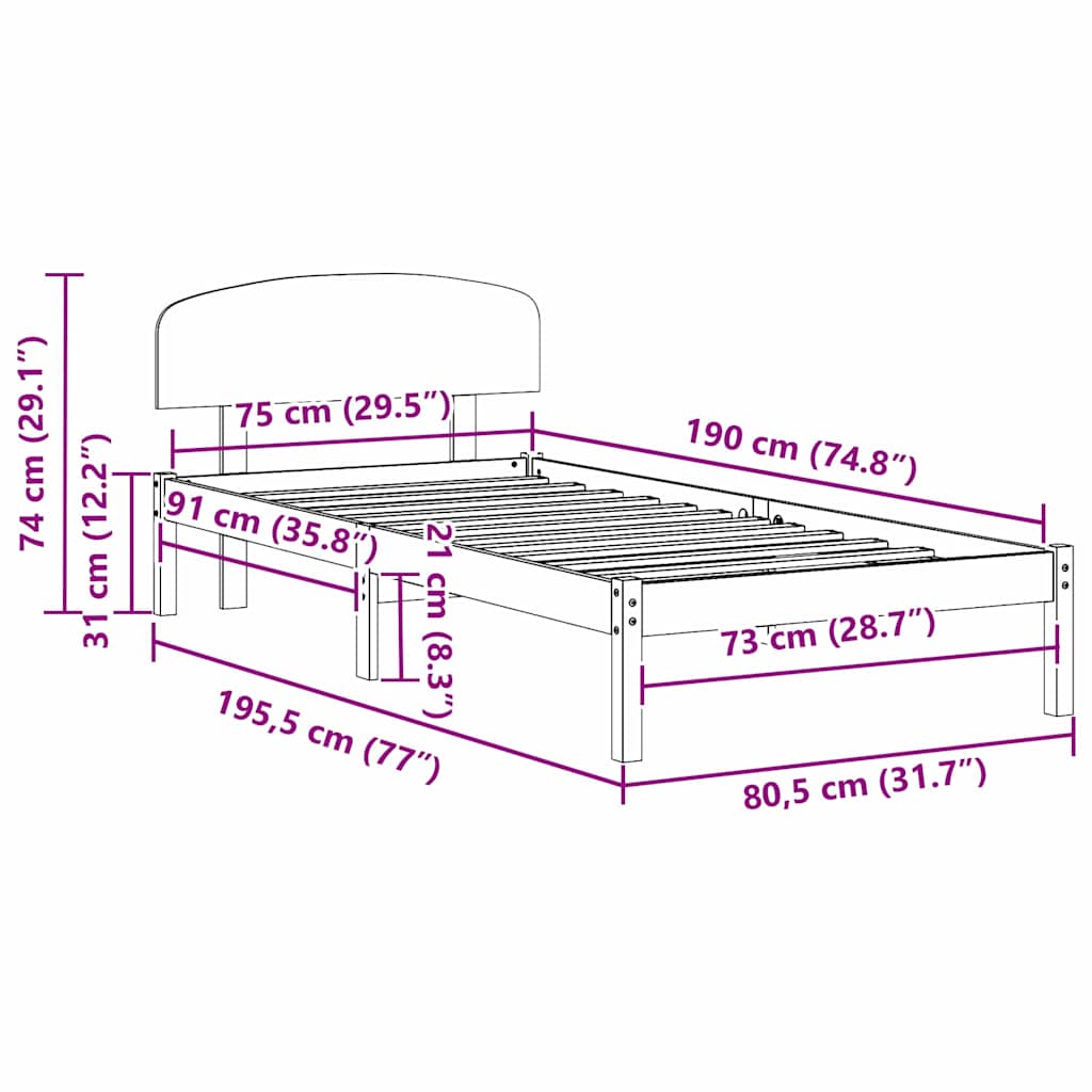 Sengestel med hovedgærde Voks brun 75 x 190 cm Massiv fyrretræ