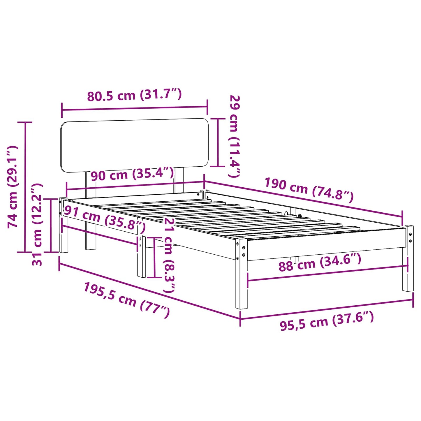 Sengestel Naturfarvet 90 x 190 cm Massiv fyrretræ