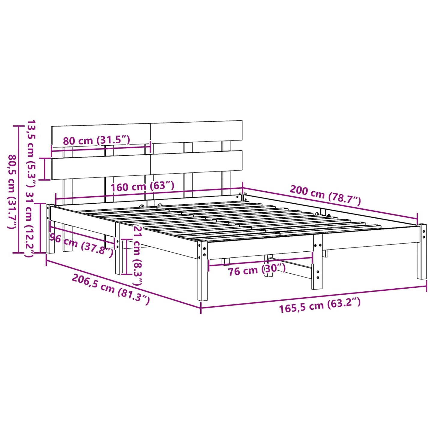 Sengestel med hovedgærde Hvid 160 x 200 cm Massivt fyrretræ