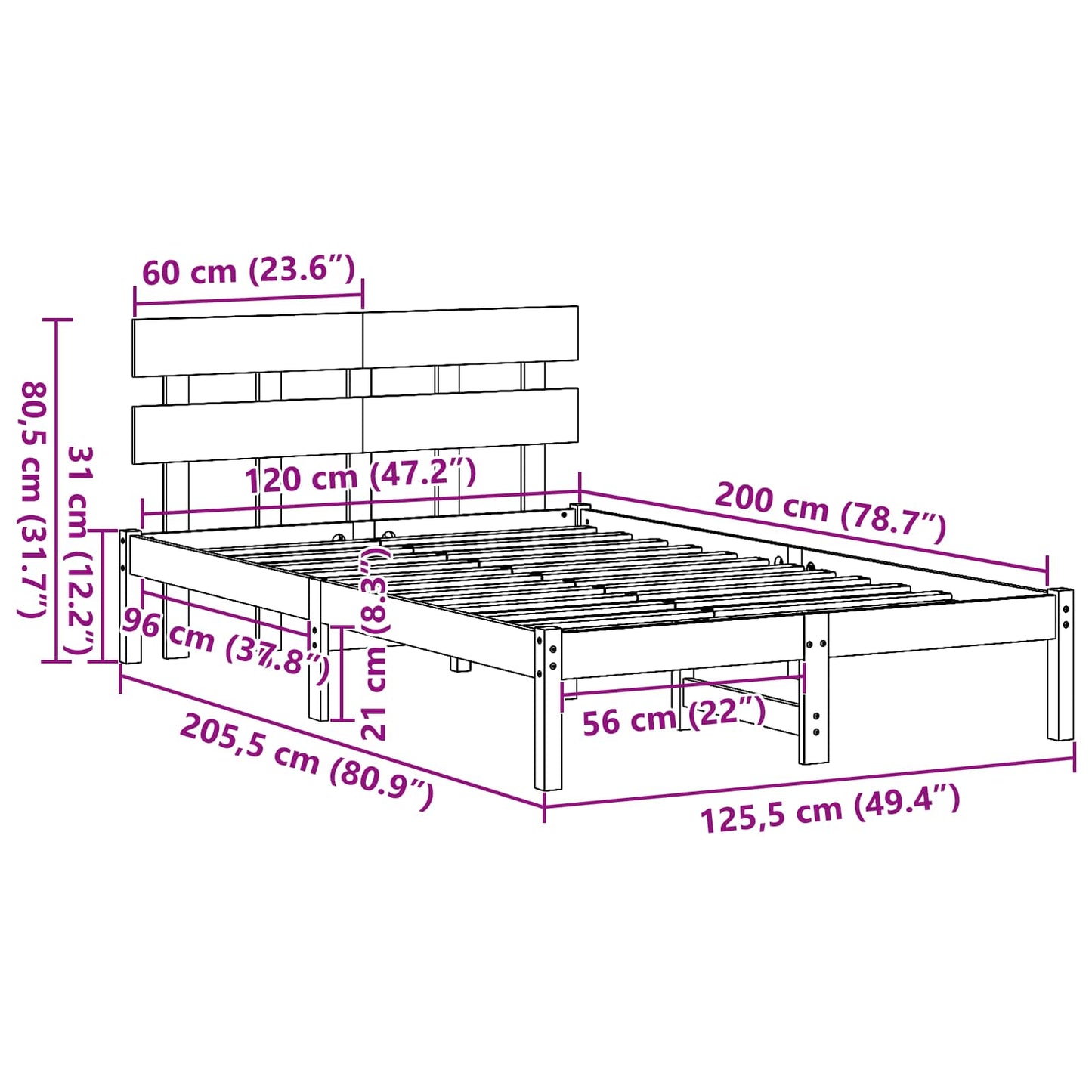 Sengestel med hovedgærde Hvid 120 x 200 cm Massivt fyrretræ