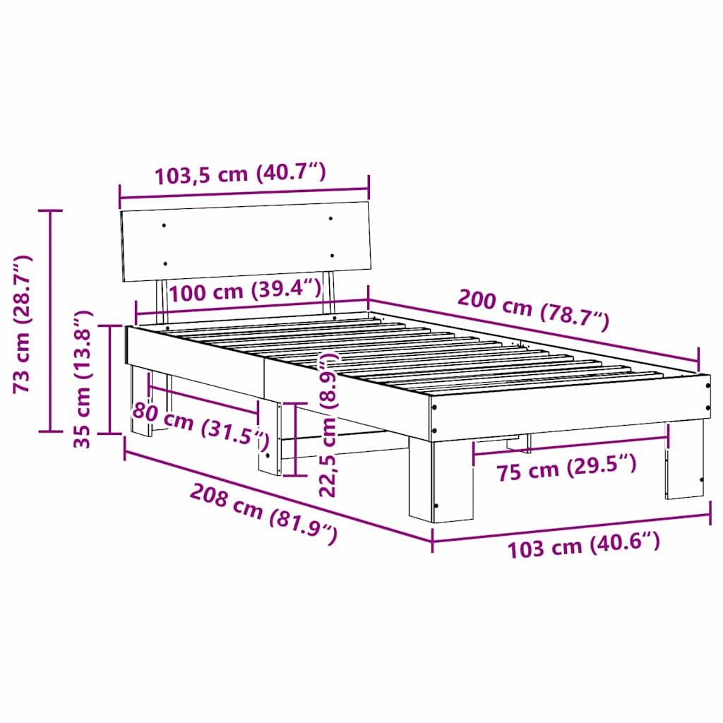 Sengestel med hovedgærde Hvid 100 x 200 cm Massiv fyrretræ