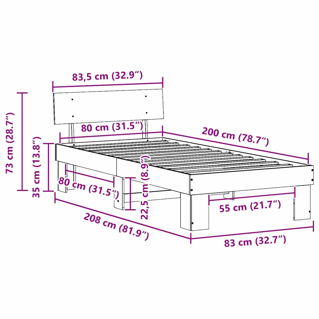 Sengestel Naturfarvet 80 x 200 cm Massiv fyrretræ