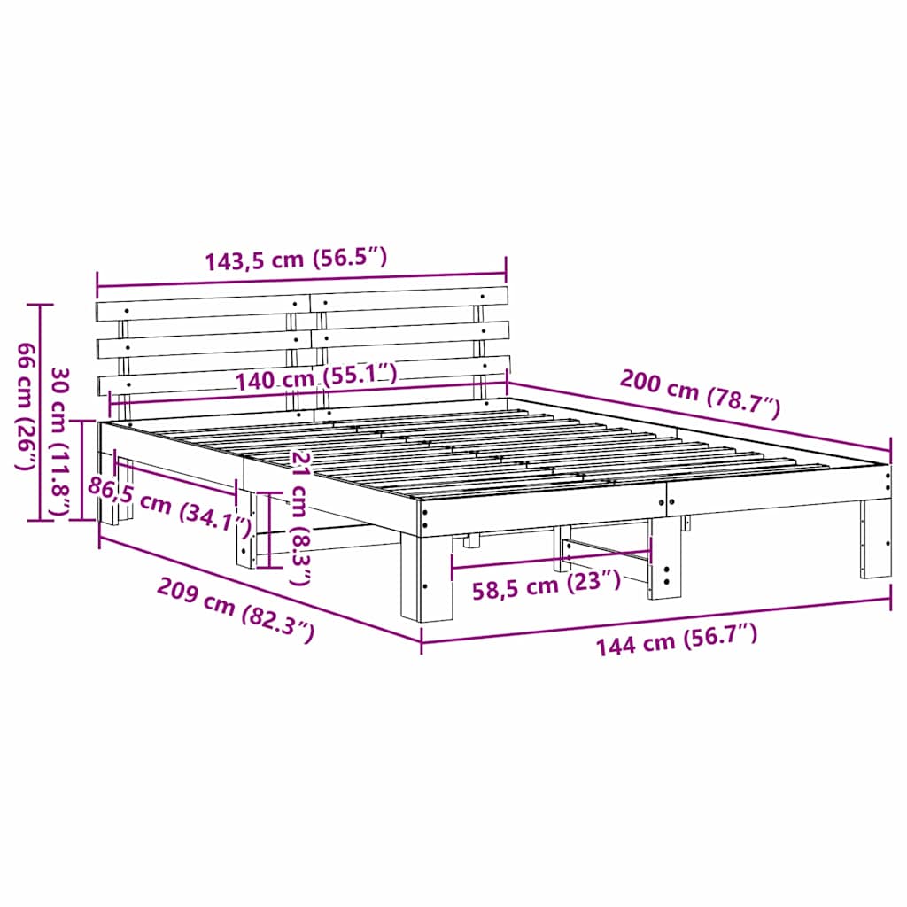 Sengestel med hovedgærde Hvid 140 x 200 cm Massiv fyrretræ