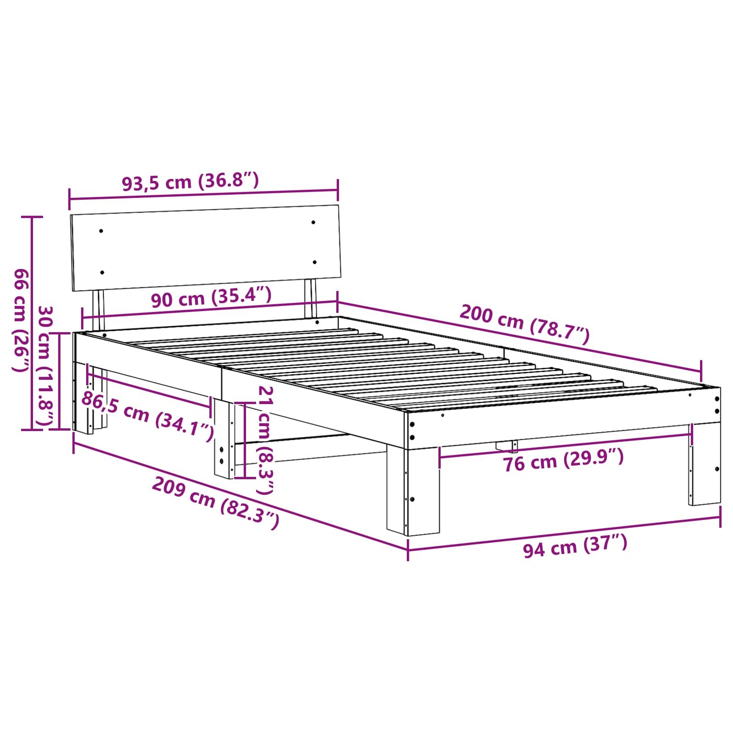 Sengestel med hovedgærde Hvid 90 x 200 cm Massiv fyrretræ
