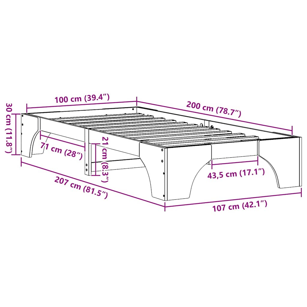 Sengestel Hvid 100 x 200 cm Massiv fyrretræ