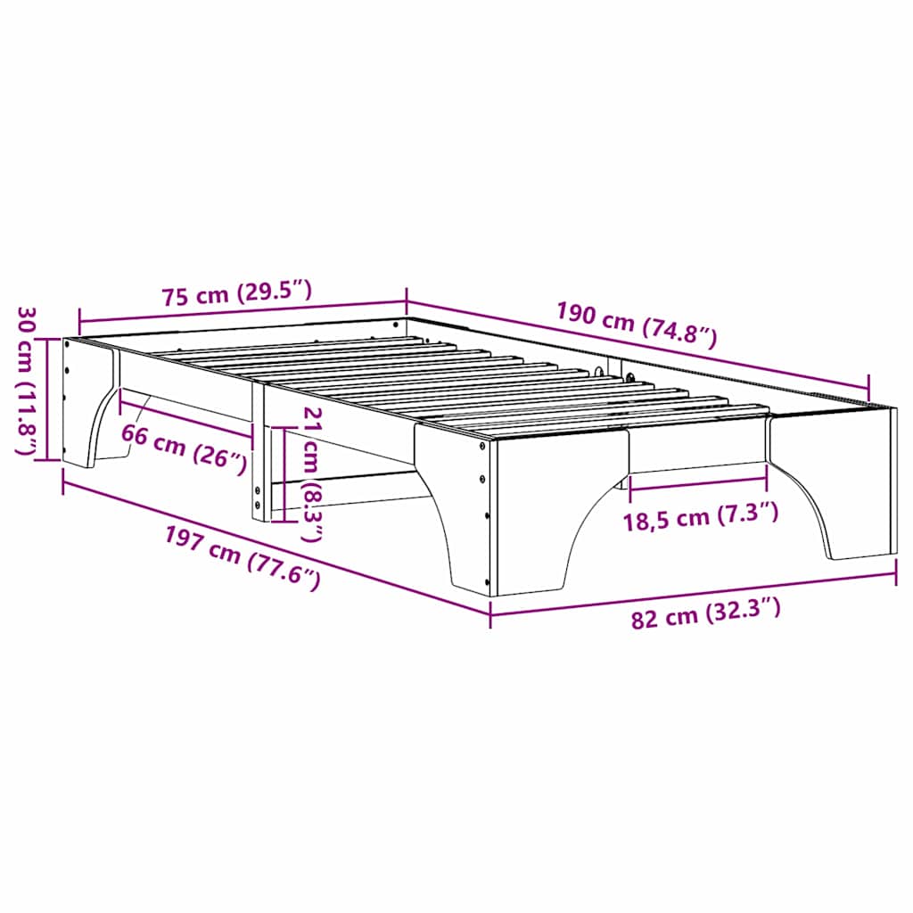 Sengestel Naturfarvet 75 x 190 cm Massiv fyrretræ