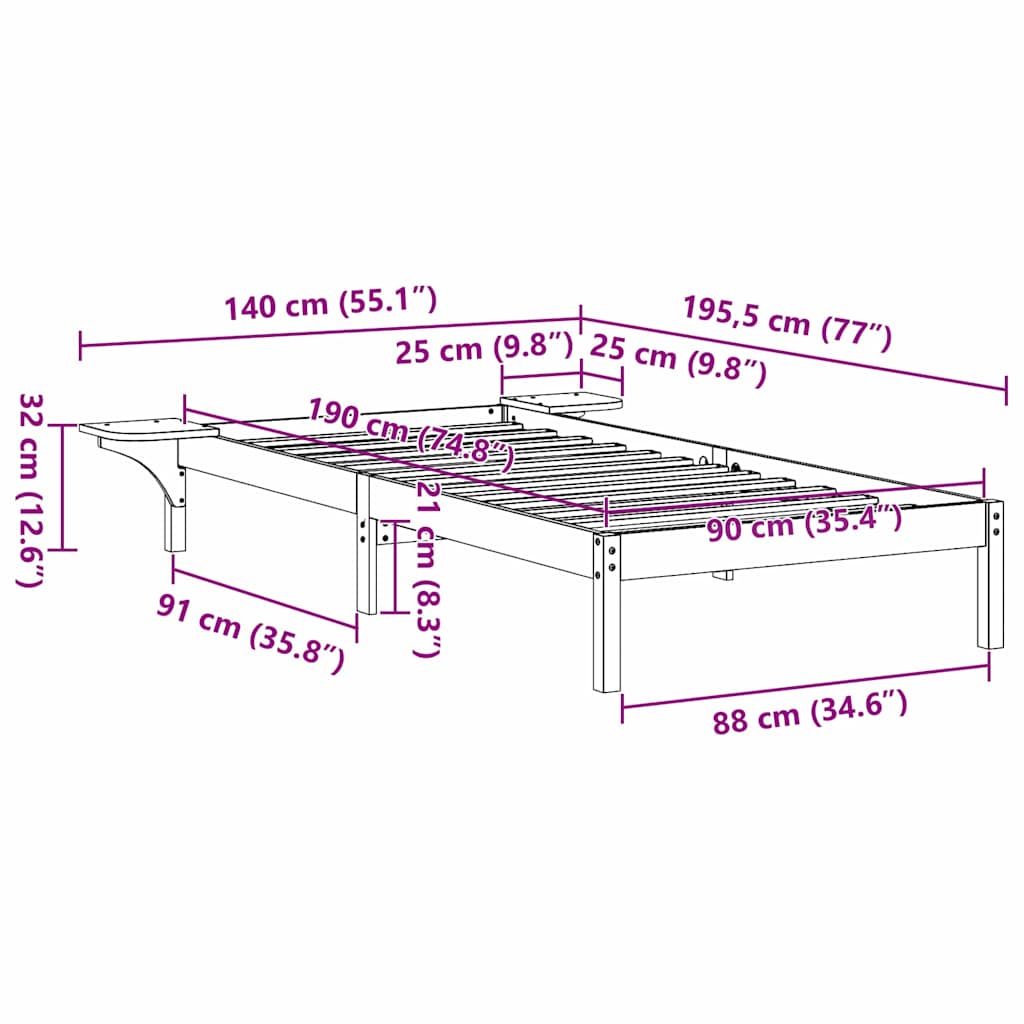 Sengestel Naturfarvet 90 x 190 cm Massiv fyrretræ