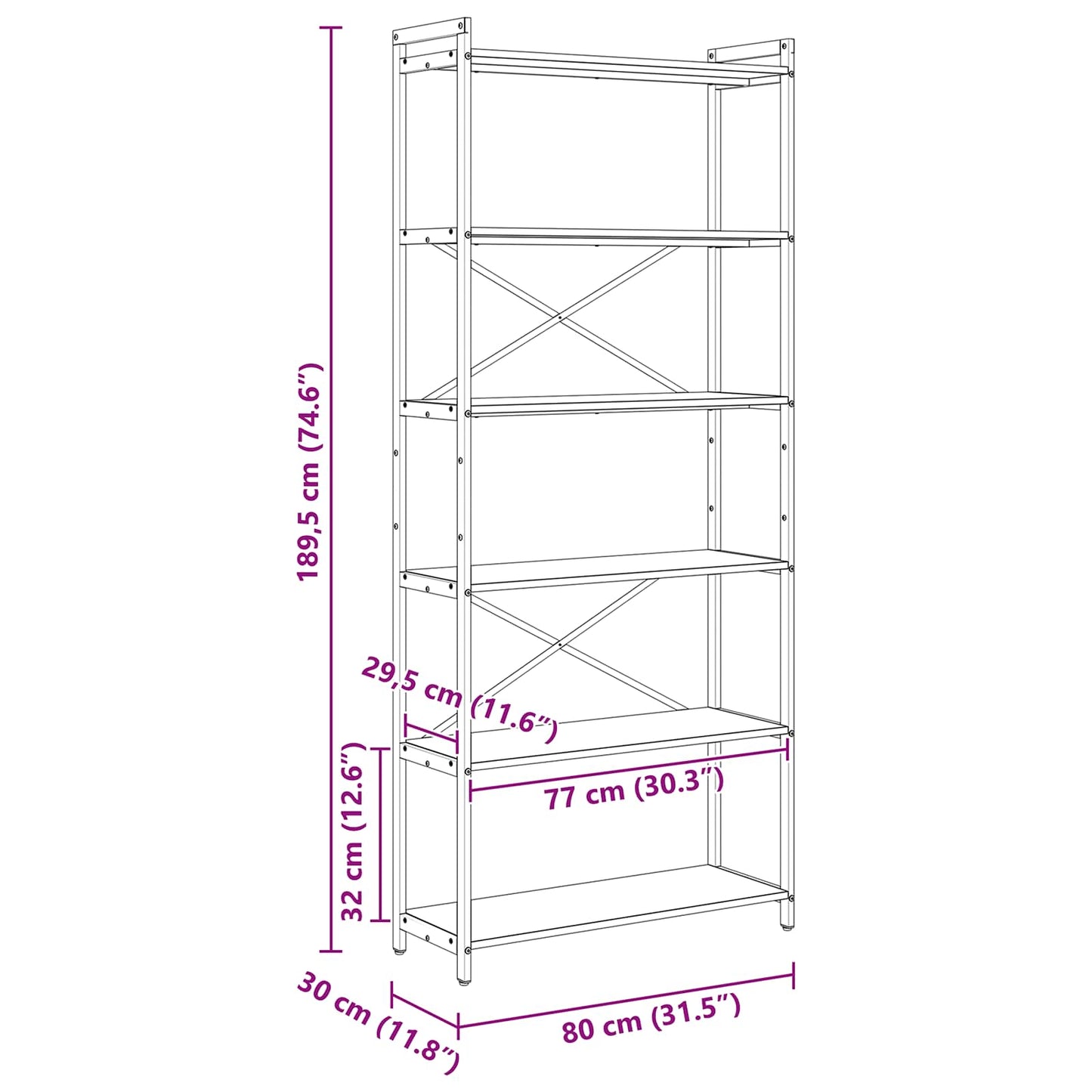 Bogreol 80 x 30 x 189,5 cm Konstrueret træ Sort eg