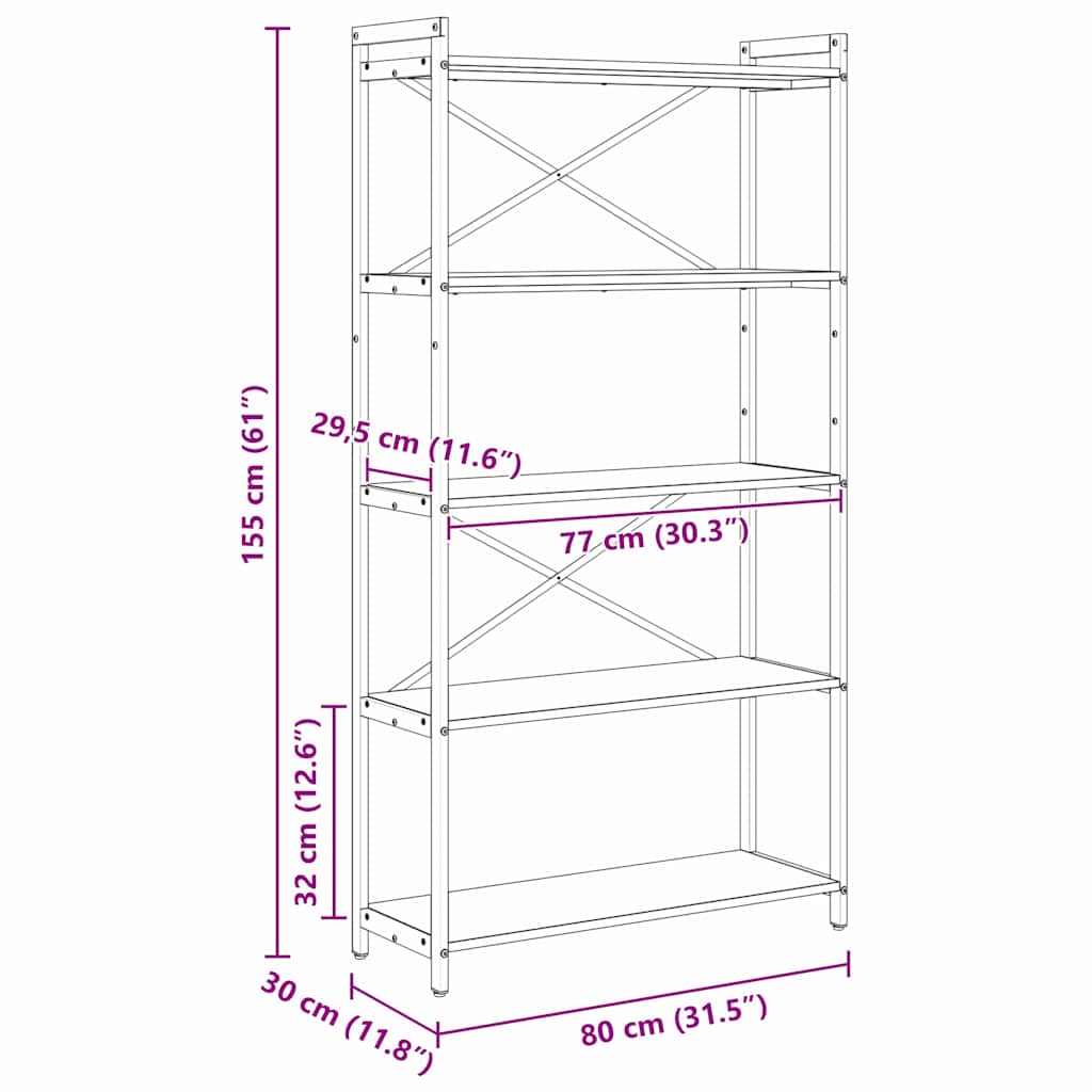 Bogreol 80 x 30 x 155 cm Konstrueret træ Sonoma eg