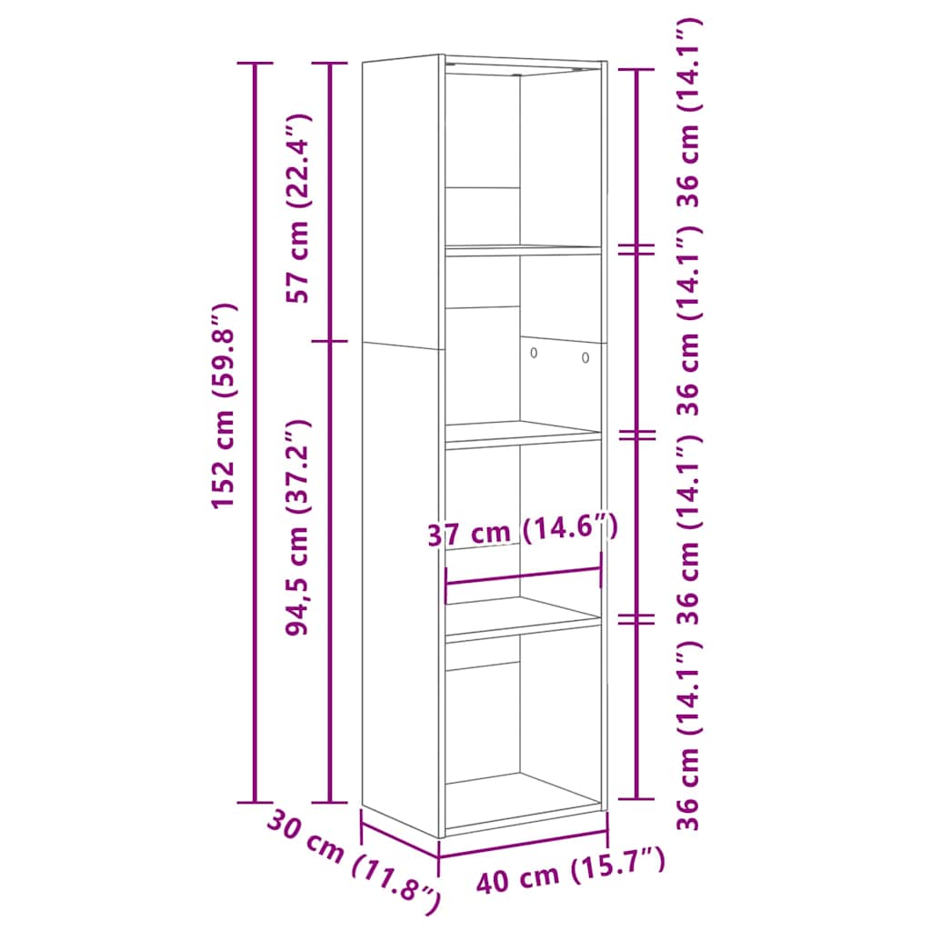 Bogreol 4 niveauer 40 x 30 x 152 cm Konstrueret træ Sort eg