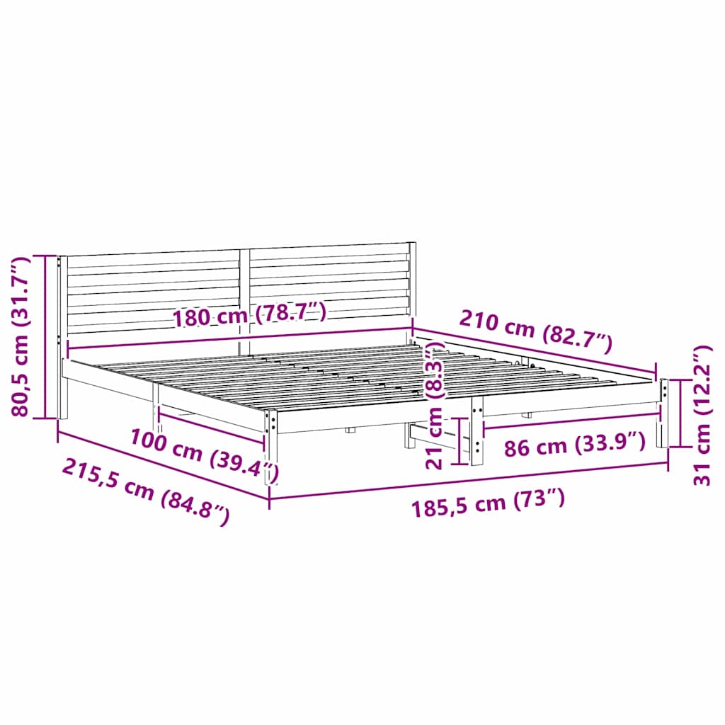 Sengestel med hovedgærde Hvid 180 x 210 cm Massiv fyrretræ