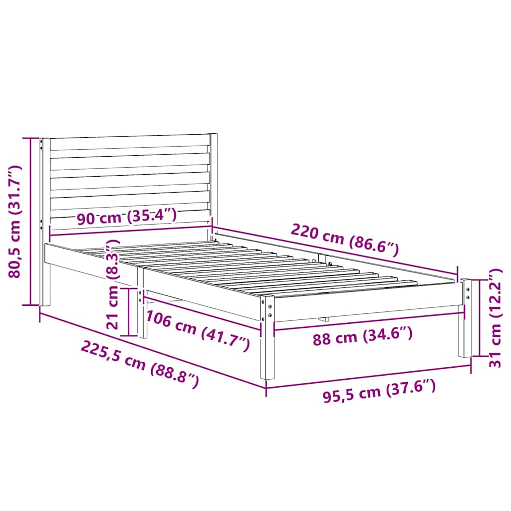 Sengestel med hovedgærde Voks brun 90 x 220 cm Massiv fyrretræ