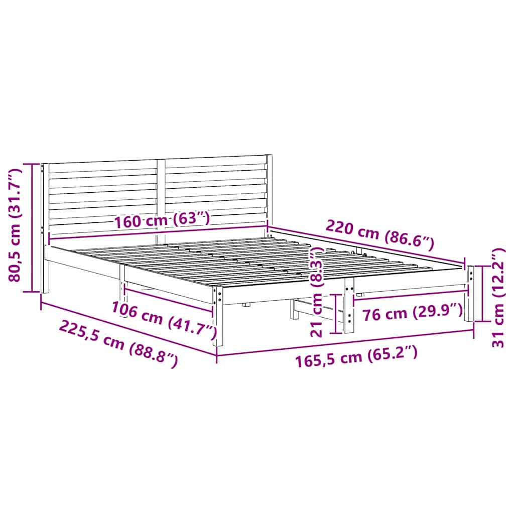 Sengestel med hovedgærde Hvid 160 x 220 cm Massiv fyrretræ