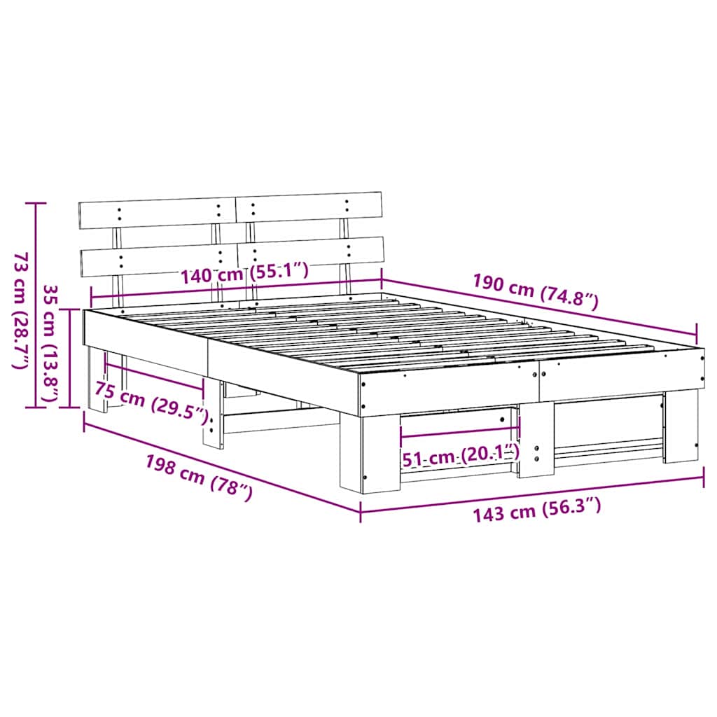 Sengestel med hovedgærde Voks brun 140 x 190 cm Massiv fyrretræ