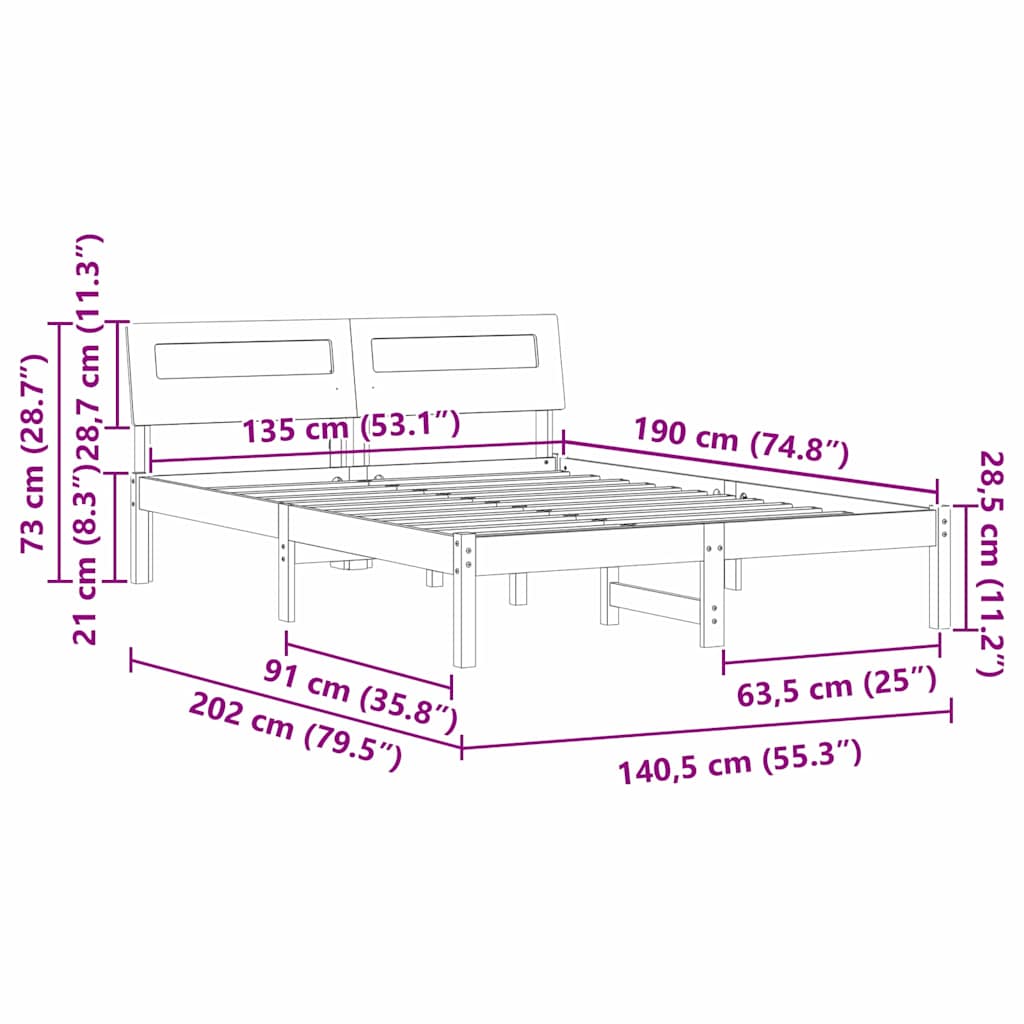 Sengestel med hovedgærde Hvid 135 x 190 cm Massiv fyrretræ