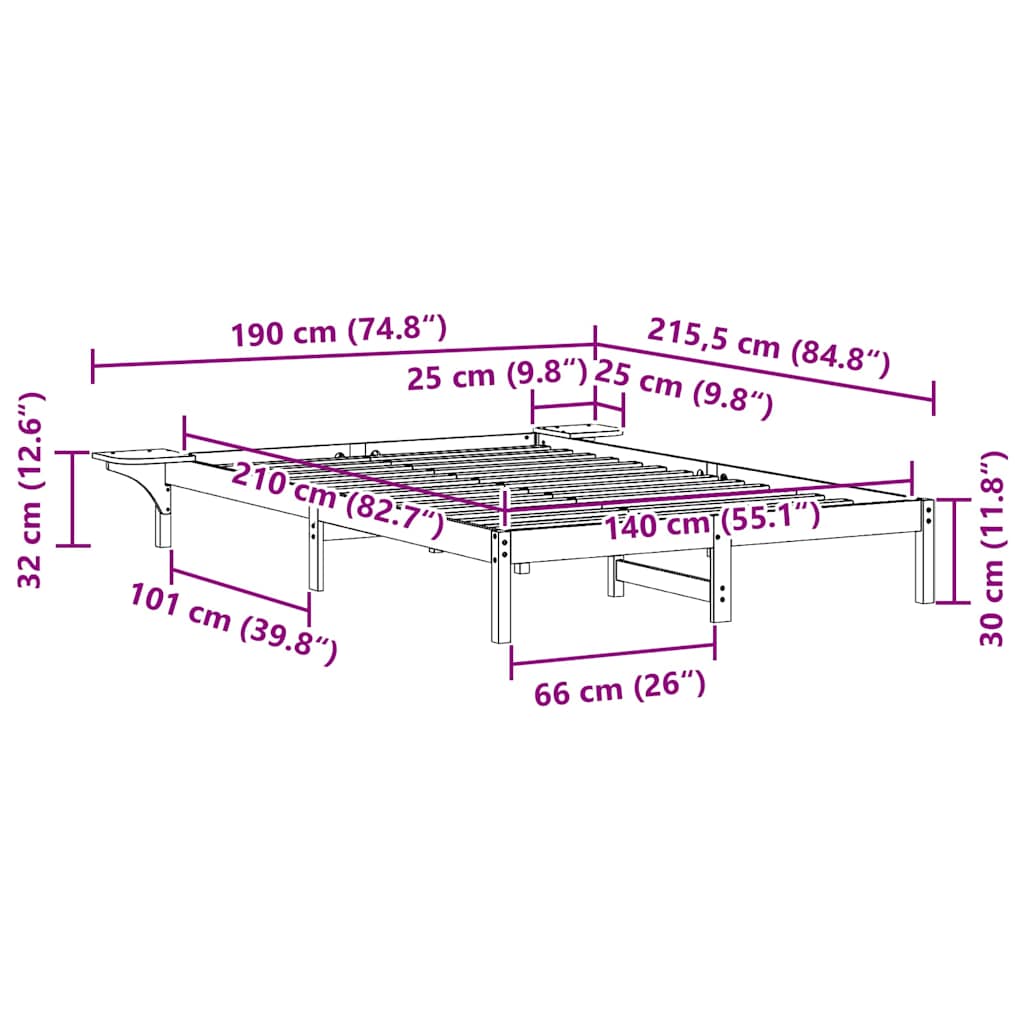 Sengestel med sideborde Naturfarvet 140 x 210 cm