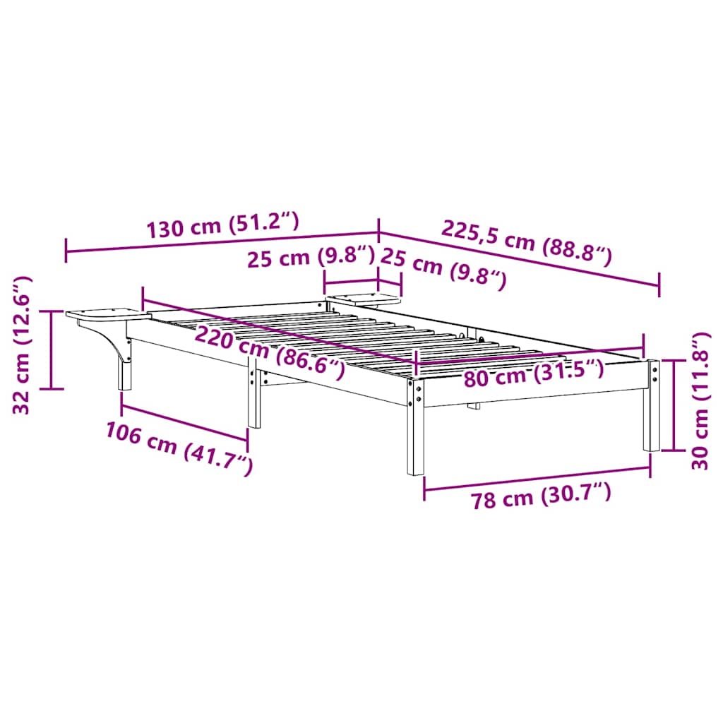 Sengestel med sideborde Hvid 80 x 220 cm Massiv fyrretræ