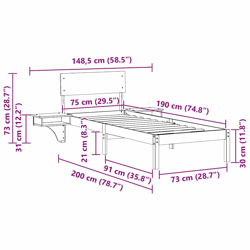 Sengestel med hovedgærde Voks brun 75 x 190 cm Massiv fyrretræ