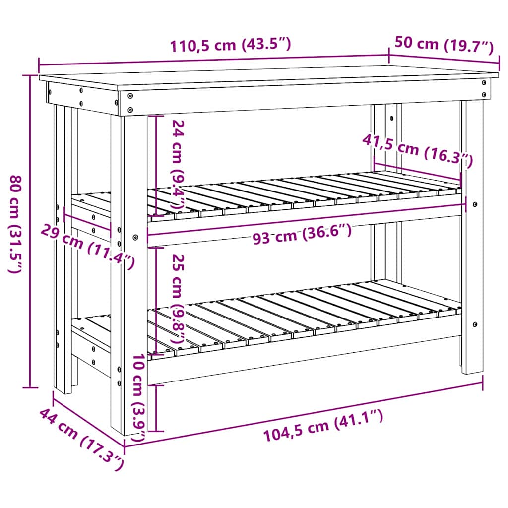 Arbejdsbænk med hylde 110,5 x 50 x 80 cm Massivt fyrretræ