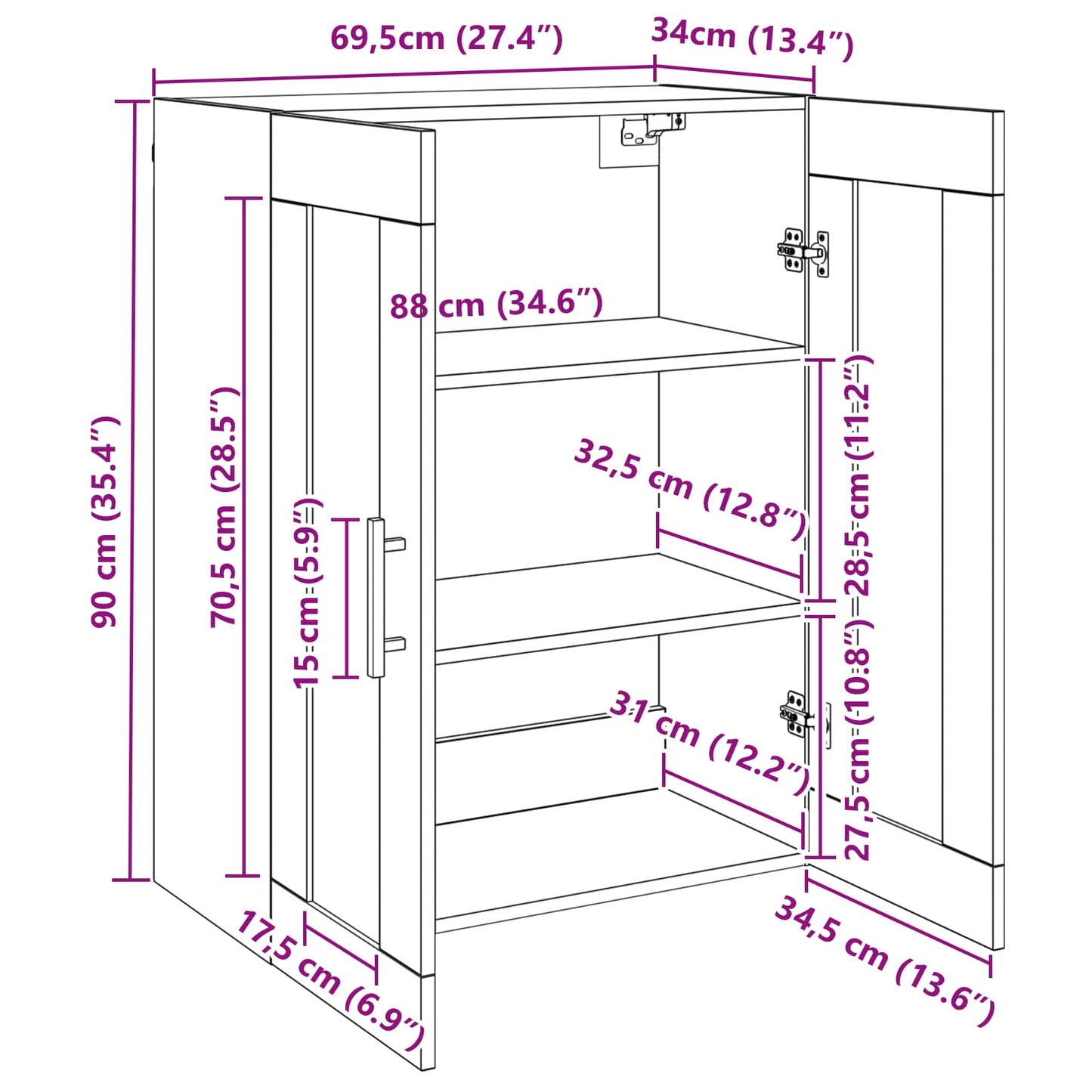 Vægskab Sort eg 69.5 x 34 x 90 cm Konstrueret træ