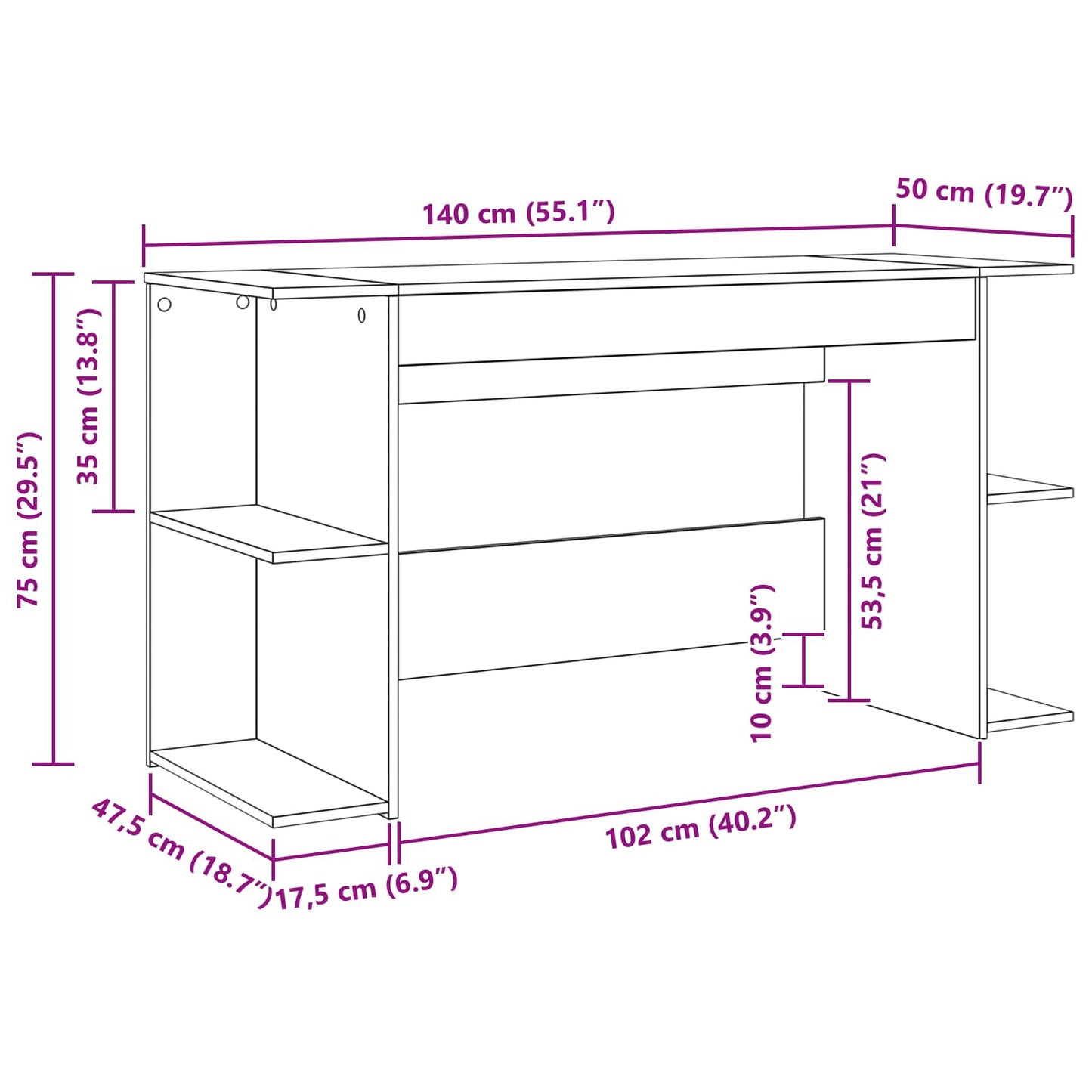 Bord med hylde Sort eg 140 x 50 x 75 cm Konstrueret træ