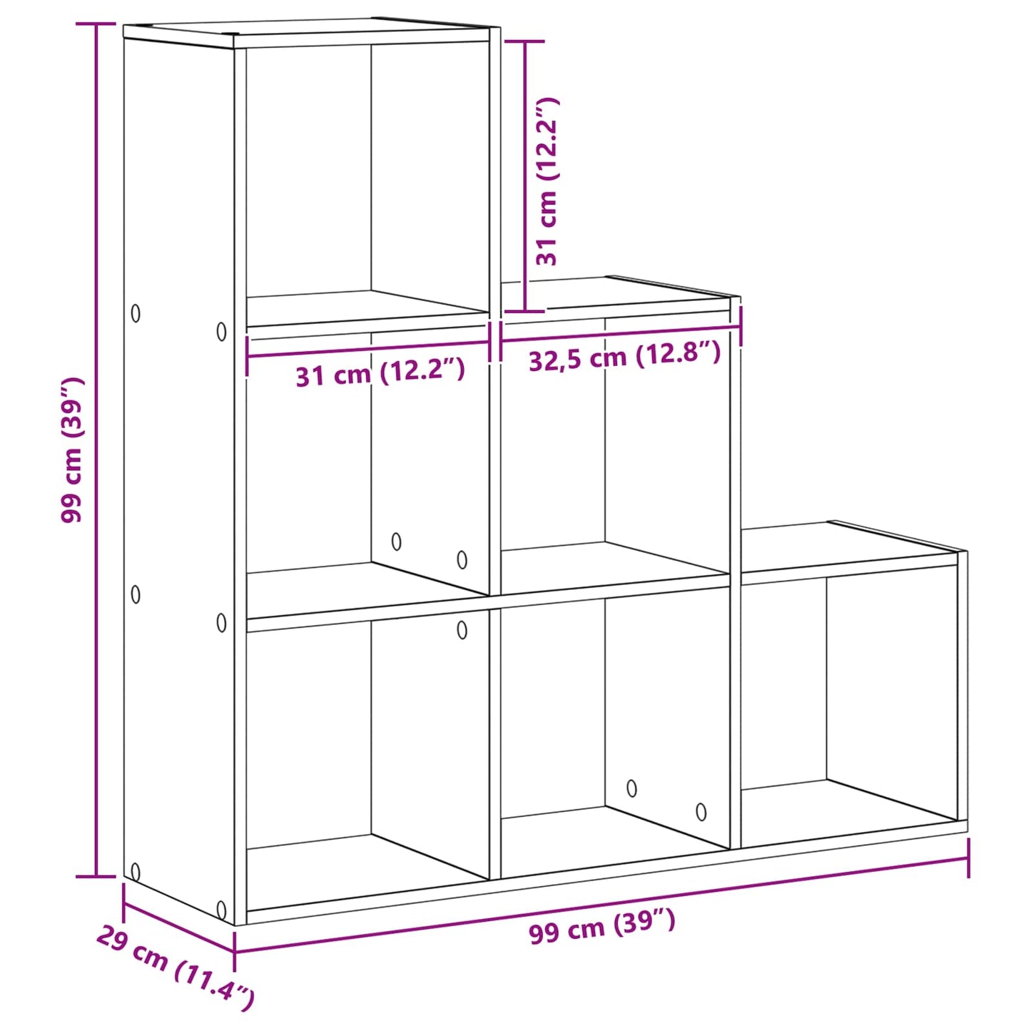 Rumdivider boghylde 6 niveauer 99 x 29 x 99 cm Konstrueret træ