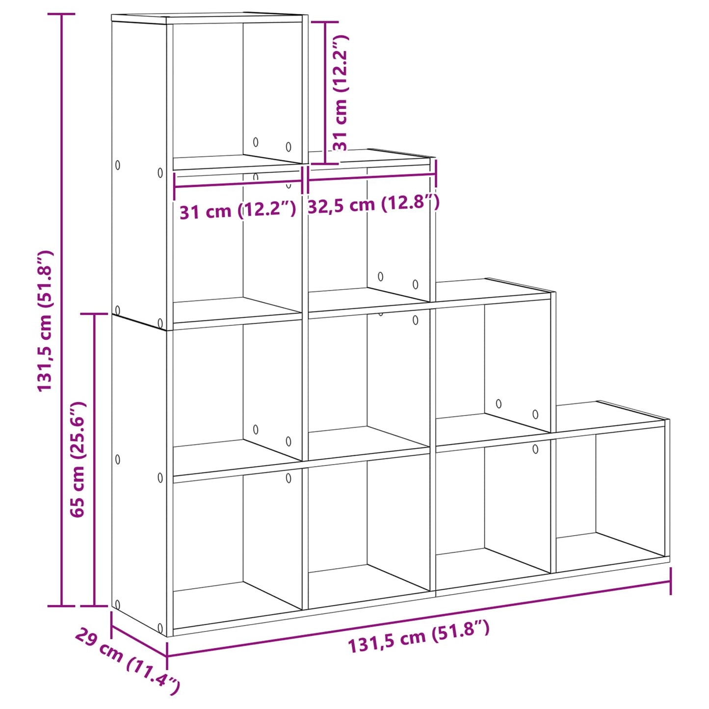 Rumdivider boghylde 10 niveauer 131,5 x 29 x 131,5 cm Sort eg