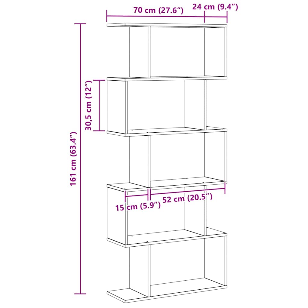 Bogskab 5 niveauer 70 x 24 x 161 cm Konstrueret træ Sort eg