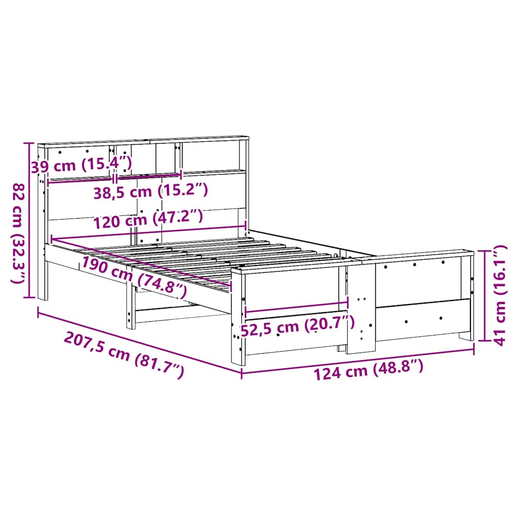 Sengestel med hylde Voks brun 120 x 190 cm Massivt fyrretræ